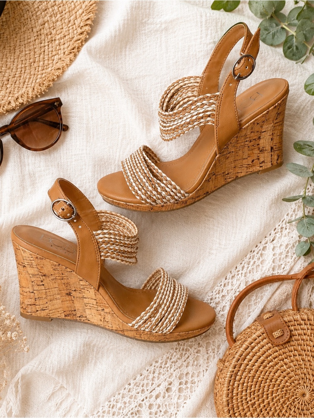 BCBG Paris Braided Cork Wedge Sandals Size 7